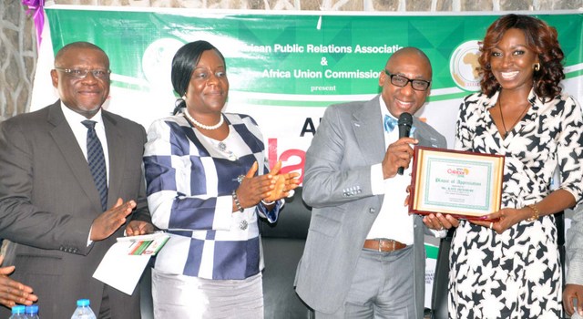 From Left: Mr John Ehiguese, President, PRCAN; Chief Mrs. Obo Edet; State Chairman NIPR; Mr Yomi Badejo-Okusanya, Secretary General, African Public Relations Association (APRA) and Kate Henshaw, Ambassador for African Public Relations Association (APRA), at the Identity Unveiling of APRA Calabar 2016 Conference in Lagos.