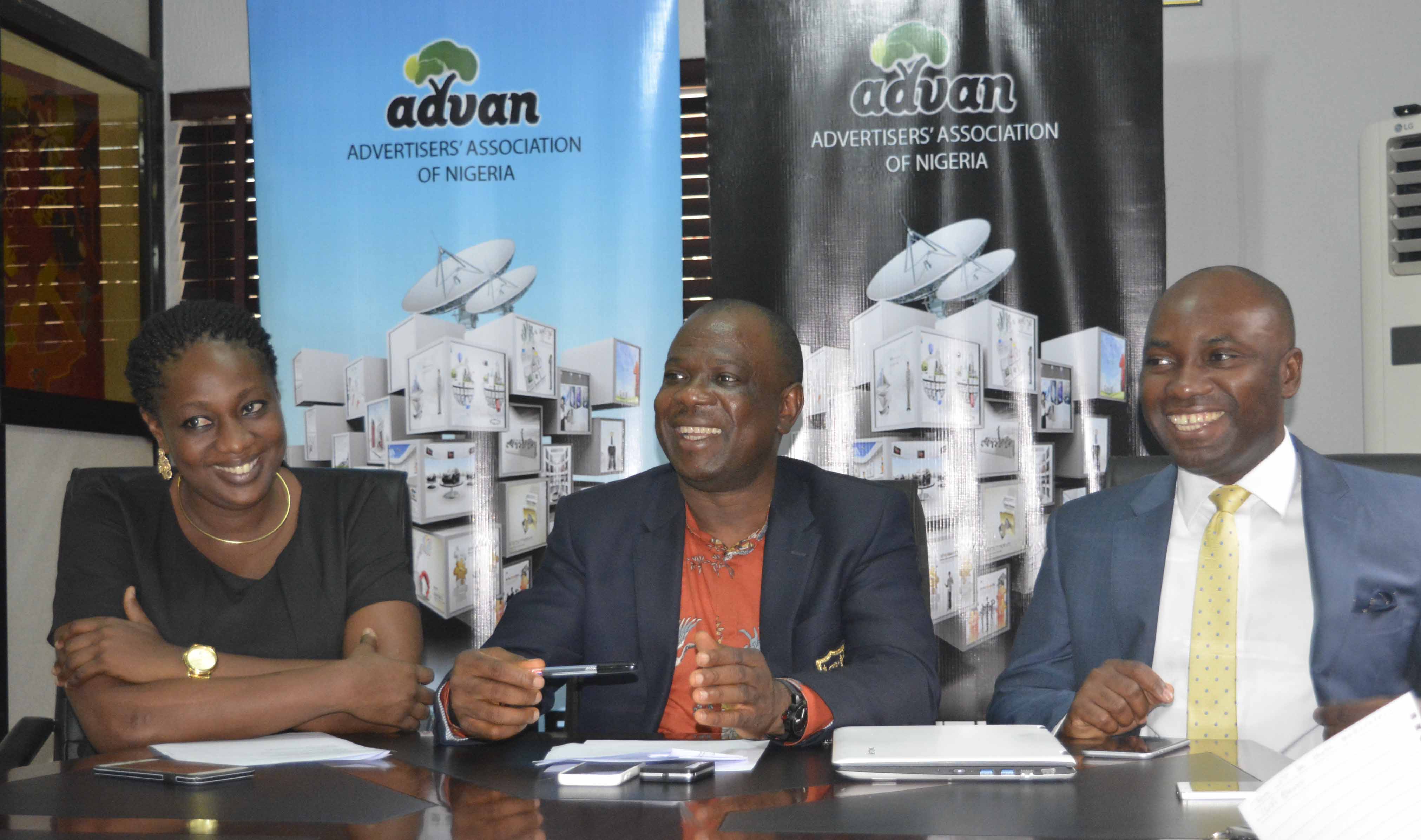 From Left: Ediri Ose-Ediale,  Executive Secretary, Advertisers Association of Nigeria (ADVAN), David Okeme, President of ADVAN and Sampson Oloche, ADVAN Publicity Secretary At the press briefing on ADVAN Marketers Conference 2016 held in Lagos on Tuesday 26/04/2016