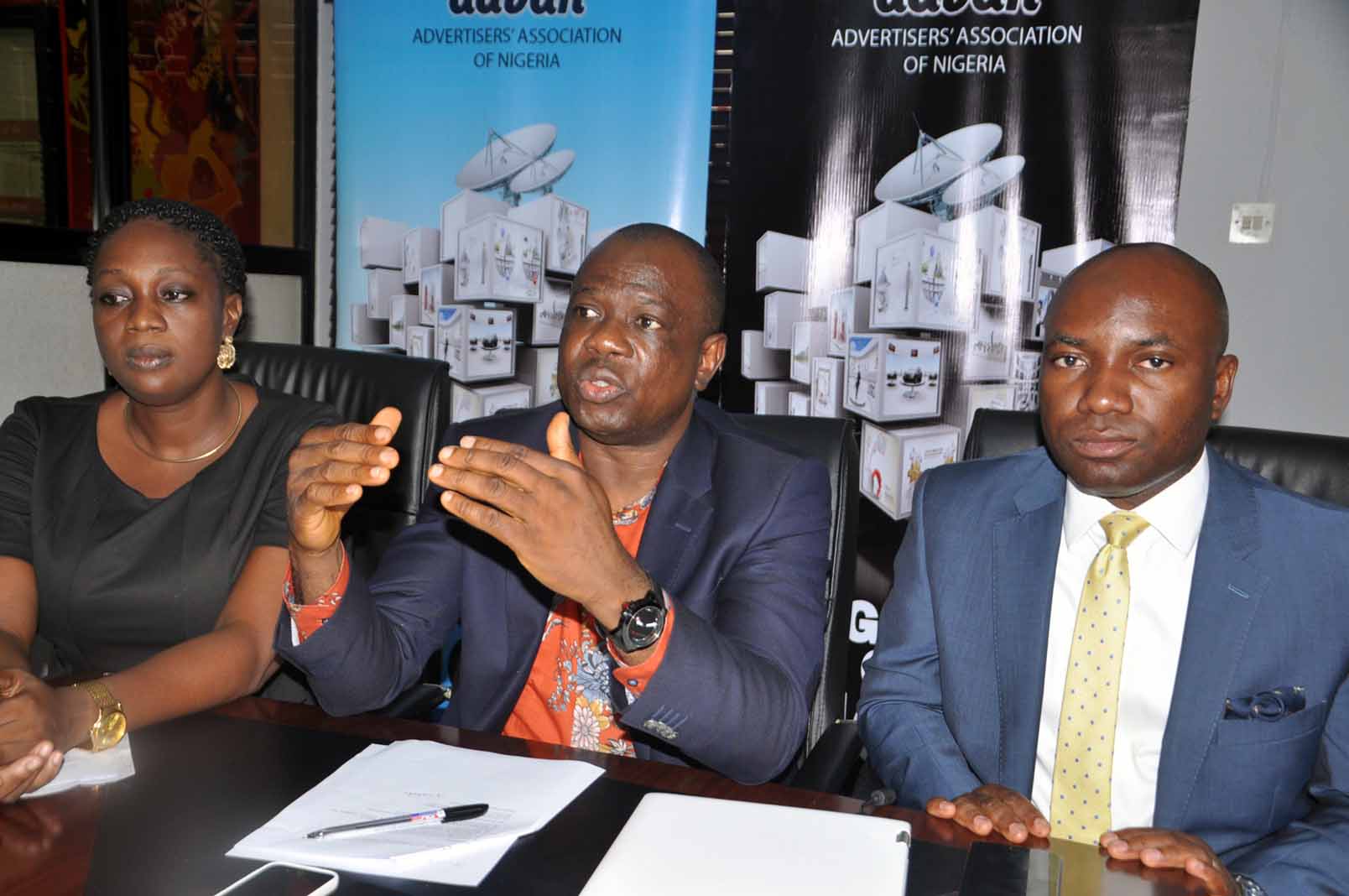 From Left;Mrs Ediri Ose-Ediale;Executive Secretary Advertiser Association of Nigeria[ADVAN]Mr David Okeme,Presisdent and Mr Sampson Oloche,Publicity Secretary all of Advan.At the press briefing on Advan Marketers Conference 2016 held in Lagos on Tuesday 26/04/2016.PHOTO BY AKEEM SALAU