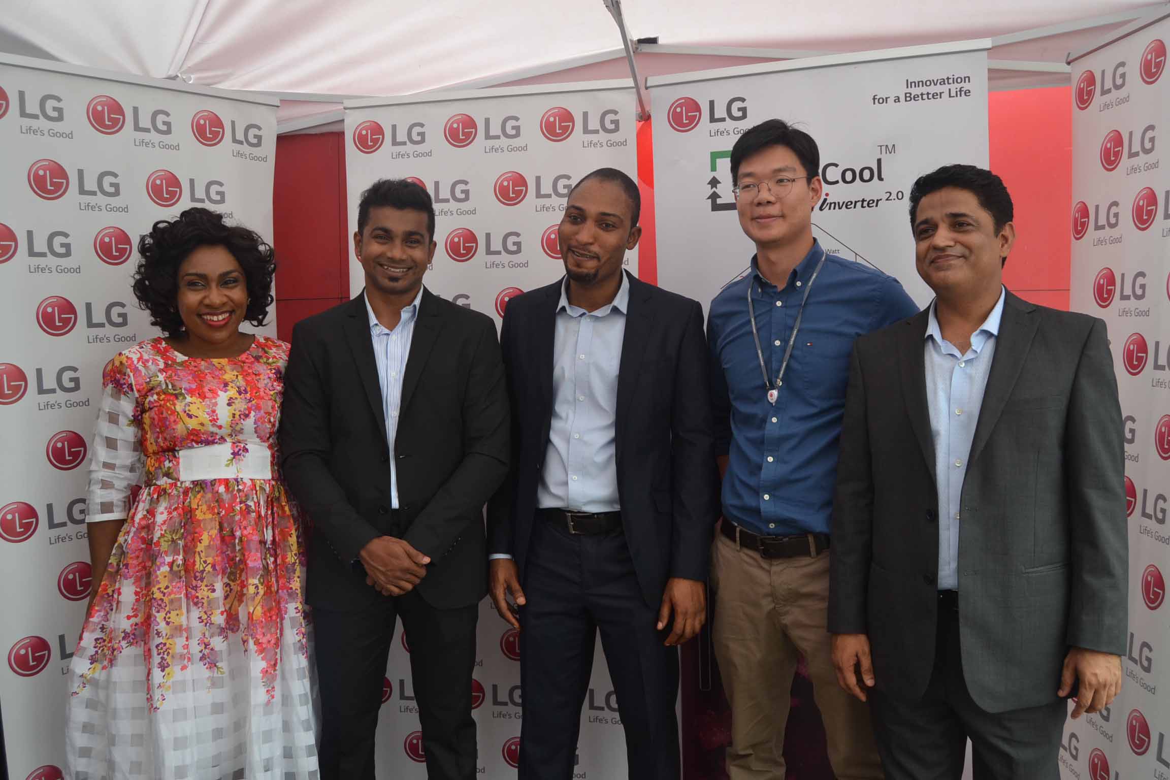  L-R: Marketing Assistant, Home Appliances division, LG Electronics West Africa operations, Mrs Blessing Obiesie; Product Marketing Manager, Home Appliances division, LG Electronics West Africa operations, Mr. Nishant Kawoor; Product Trainer, LG Electronics West Africa operations, Mr. Moses Osime; Assistant Marketing Manager, Home Appliances division, LG Electronics West Africa operations, Mr. Choon Hung Har; and General Manager, Corporate Marketing, LG Electronics West Africa Operations, Mr. Rajesh Agnihotri, during LG Evercool Smart Inverter Refrigerator Launch, in Lagos.