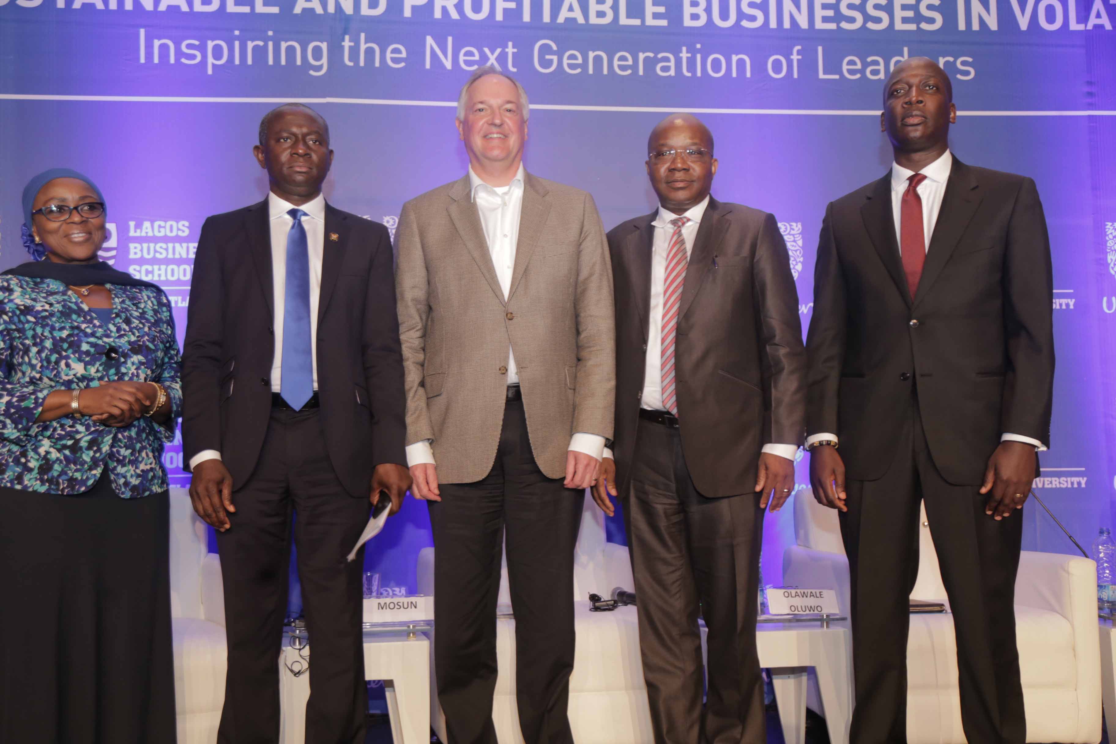 L-R: Chairperson, Access Bank Plc, Mrs. Mosun Belo-Olusoga; Commissioner for Energy and Mineral Resources Lagos, Mr. Wale Oluwo; Unilever Global CEO, Mr. Paul Polman; Chairman, Julius Berger Nigeria Plc, Mr. Mutiu Sunmonu and Managing Director, Unilever Nigeria Plc, Mr. Yaw Nsarkoh during an interactive session with Paul Polman, Global CEO, Unilever Plc, tagged: Building Sustainable and Profitable Businesses in Volatile Times.