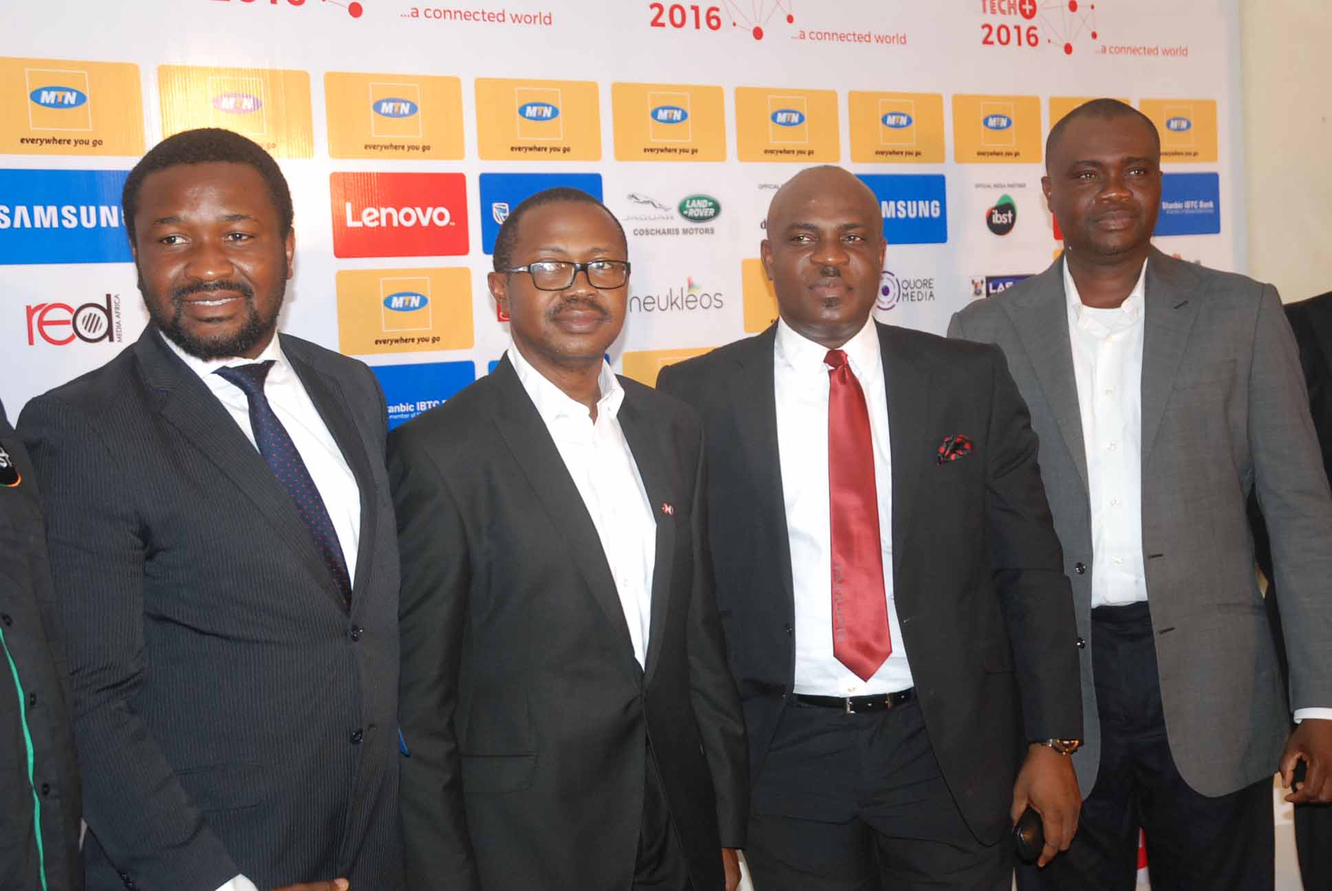 L-R: Programme Director, Techplus 2016, Gbonju Akingbade(left); Managing Director, Connect Marketing, Tunji Adeyinka; General Manager, Marketing, Coscharis, Abiona Babatunde; and General Manager, Consumer Marketing, MTN, Nigeria, Richard  Iweanoge at the Techplus exhibition  2016 press conference in Lagos.