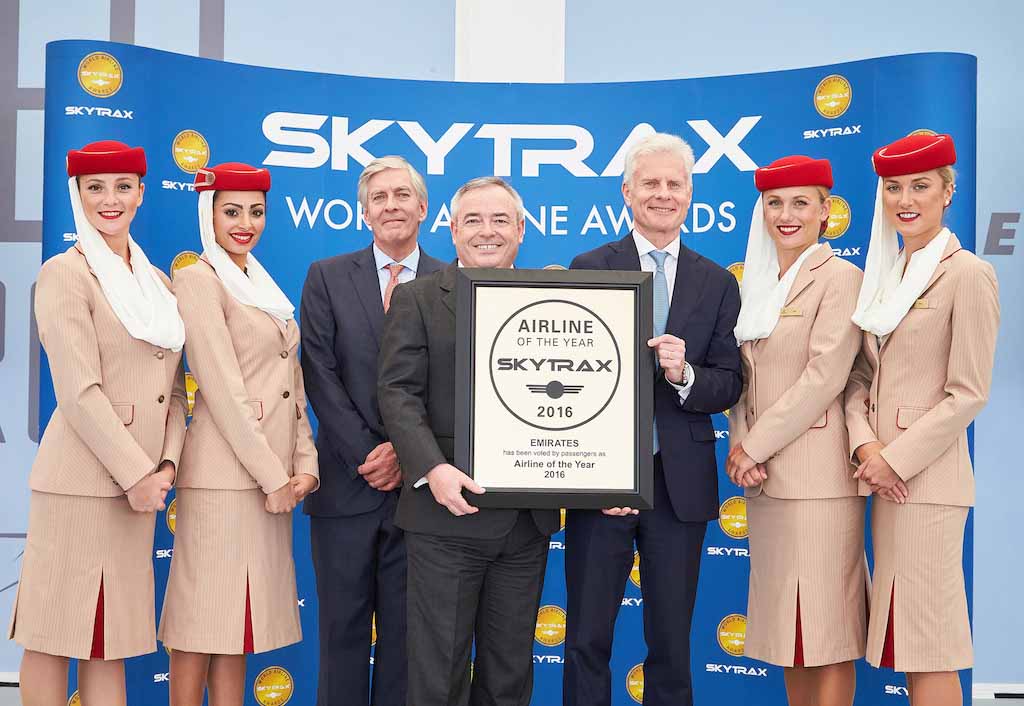 Patrick Brannelly Divisional Vice President, Customer Experience receiving the award from Edward Plaisted, CEO of Skytrax. Emirates is today named the World’s Best Airline 2016 at the prestigious Skytrax World Airline Awards 2016. Also pictured on the left is Lord Deighton, Non-Executive Chairman of Heathrow Airport.