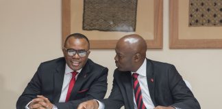 Emeke Iweriebor, Regional CEO, East and Southern Africa, UBA Plc and MD-CEO, UBA Kenya Limited, Isaac Mwige at the Press Conference organised by the Bank in Nairobi today, May 17, 2018-marketingspace.com.ng