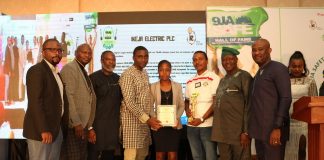Third from left, Mr Steve Doriigi, Operation Manager, Ikeja City Mall and third from right, Hon. Kehinde Bamigbetan, Commissioner for Information and Strategy, Lagos State and Ikeja Electric Safety Officers displaying their awards during 2018 Nigeria Safety Award for Excellence (9jaSAFE Award) in Lagos-marketingspace.com.ng