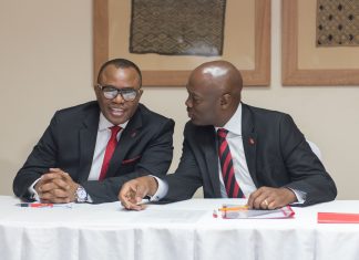 UBA Kenya To Leverage On Group’s Capacity To Finance Large Ticket Transactions In Kenya Emeke Iweriebor, Regional CEO, East and Southern Africa, UBA Plc and MD-CEO, UBA Kenya Limited, Isaac Mwige at the Press Conference organised by the Bank in Nairobi today, May 17, 2018-marketingspace.com.ng