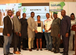 Ikeja Electric Bags Corporate Pacesetter, HSE Campaign Of The Year Awards Third from left, Mr Steve Doriigi, Operation Manager, Ikeja City Mall and third from right, Hon. Kehinde Bamigbetan, Commissioner for Information and Strategy, Lagos State and Ikeja Electric Safety Officers displaying their awards during 2018 Nigeria Safety Award for Excellence (9jaSAFE Award) in Lagos-marketingspace.com.ng