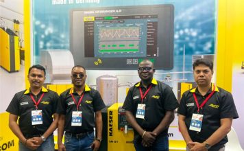JMG Showcase Groundbreaking Kaeser Compressor, SM-13T, At Propak West Africa 2026 Exhibition L-R Rao Preetham Ganesh - Service Manager, AGBEDE Olarewaju Laisi- Business Development Manager, AGBOOLA Lawal Bukola - Business Development Manager, Ashwini kumar Patel - General Manager JMG Industrial -marketingspace.com.ng