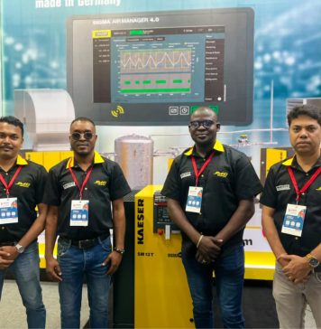 JMG Showcase Groundbreaking Kaeser Compressor, SM-13T, At Propak West Africa 2026 Exhibition L-R Rao Preetham Ganesh - Service Manager, AGBEDE Olarewaju Laisi- Business Development Manager, AGBOOLA Lawal Bukola - Business Development Manager, Ashwini kumar Patel - General Manager JMG Industrial -marketingspace.com.ng
